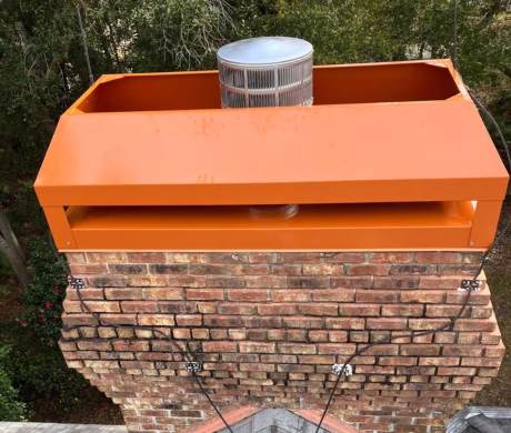 Chimney Caps 5 Newly installed custom copper metal chimney chase cover and cap mounted on a brick chimney structure in Gainesville, FL.