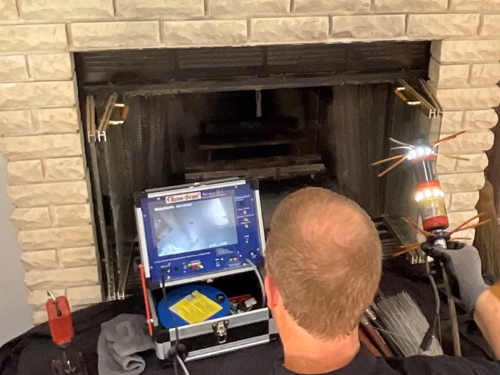 A technician conducts a professional chimney inspection in Gainesville, FL using a video camera monitor and specialized inspection tool in front of a brick fireplace.
