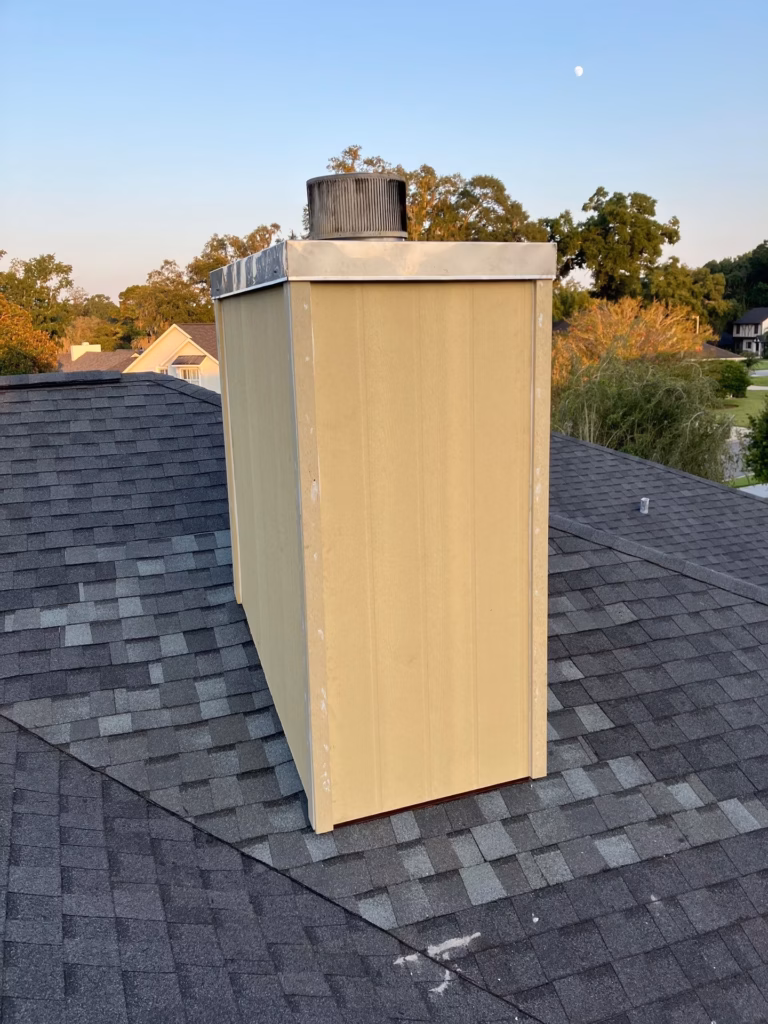 Newly repaired yellow wood framed chimney with a fresh chase cover and metal cap on a shingled roof in Gainesville, FL.
