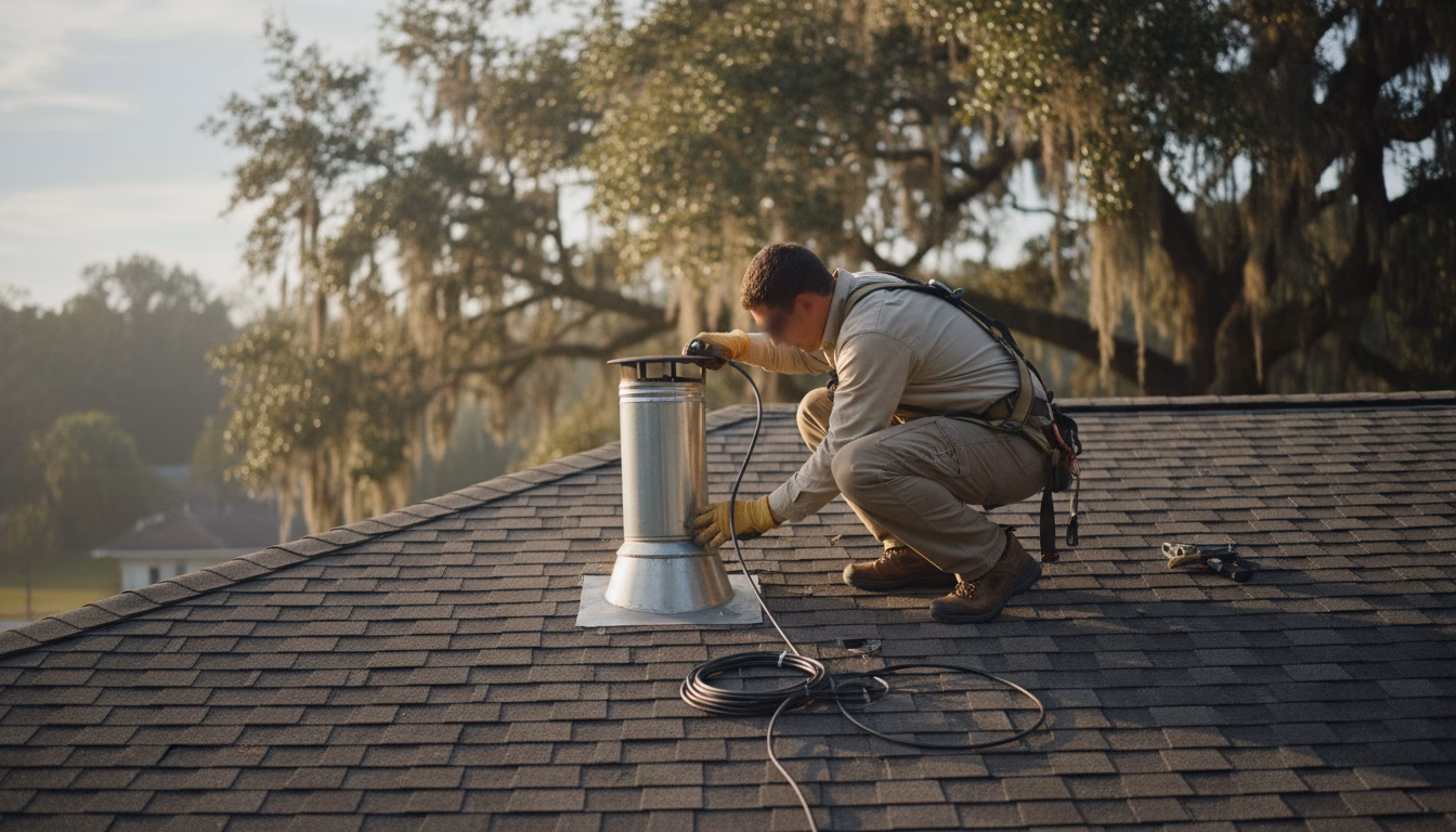technician performing a chimney inspection High Springs FL homeowner requested, using a scope camera in the flue